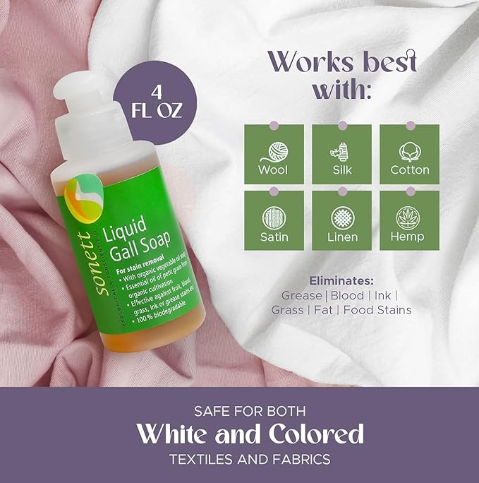 Sonett Organic Traditional Stain Removers Liquid Gall Soap, Highly Effective Against Marks Caused By Ink, Blood, Grease, Fruit (10oz, Pack of 1)
