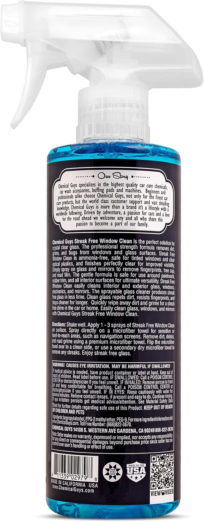 Chemical Guys CLD30016 Streak Free Glass & Window Cleaner (Works on Glass, Windows, Mirrors, Navigation Screens & More; Car, Truck, SUV and Home Use), Ammonia Free & Safe on Tinted Windows, 16 fl oz