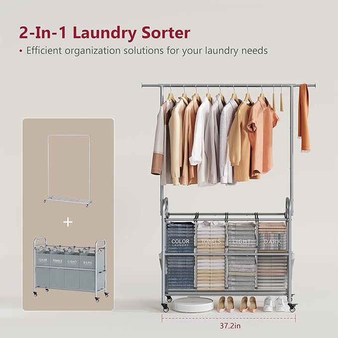 Tajsoon Laundry Sorter with Hanging Bar, 4 Section Rolling Laundry Hamper with Heavy Duty Lockable Wheels, Laundry Sorter Cart for Bathroom & Bedroom, Gray