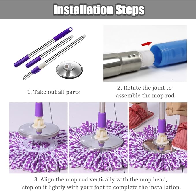 Spin Mop Replacement Mop Handle, 49-inch 360 Degrees Rotating Telescopic Replacement Mop Stick with Stainless Steel Disc for Spin Mop Bucket Cleaning System (Stainless Steel Disc, Purple)