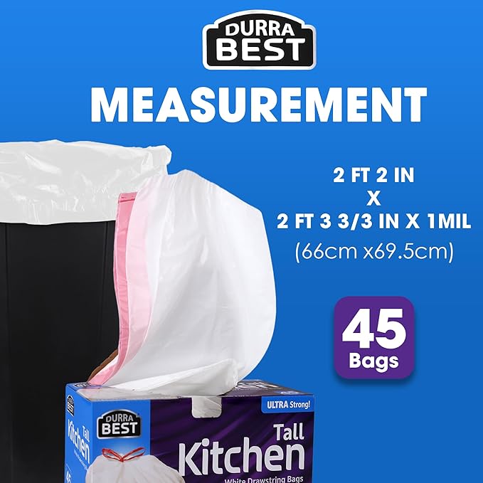 Heavy-Duty 1 Mil 13 Gallon White Trash Bags (45 Count) - Drawstring, Leak-Resistant for Home & Commercial Use