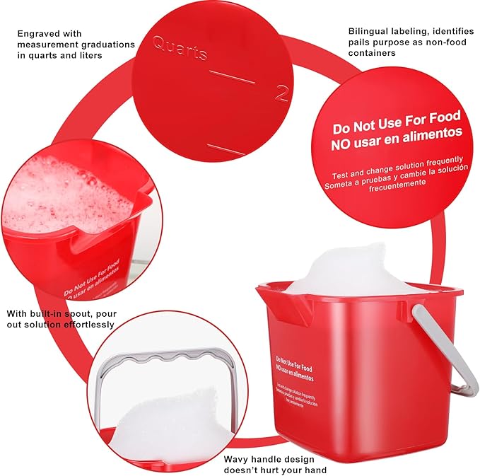 Roshtia 6 Pcs 3 Quart Cleaning Bucket Small Sanitizing Square Bucket Detergent Pail for Home Commercial Restaurant Kitchen Office School(Red, Blue, Green)