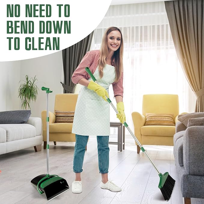 XXFLOWER Broom and Dustpan Set with Long Handle, Light Weight Stainless Steel Poles Stand Upright Dustpans with Broom Combo for Home Kitchen Office Pet Dog Hair, 1-Pack(Black Green)