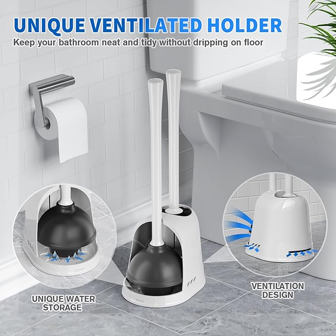 Toilet Plunger and Brush, 2 Pack Bowl Brush and Heavy Duty Toilet Plunger Set with Ventilated Holder, 2-in-1 Toilet Brush and Plunger Combo for 5.3-inch Toilet Drain Bathroom Cleaning
