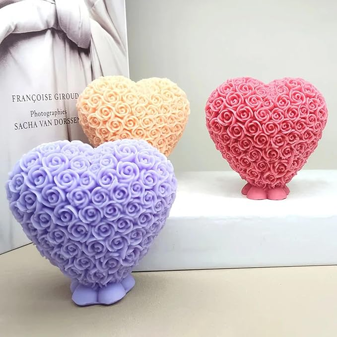 3D Rose Heart Shaped Candle Soap Silicone Mold Fondant Chocolate Candy Cake Decorating Mold Plaster Resin Polymer Clay Mould Wedding Valentine's Day Decor