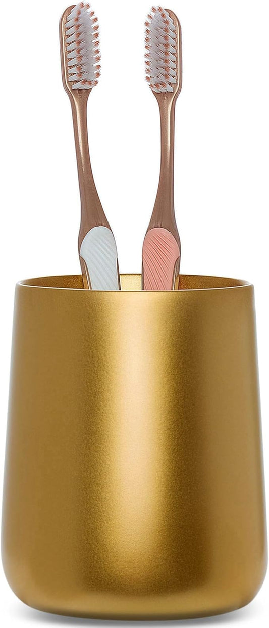 Yew Design Gold Toothbrush and Toothpaste Holder and Cup for Bathroom Vanity and Countertop, Round Organizer for Electric Toothbrushes, Floss, Razors, Cotton, and Mouthwash