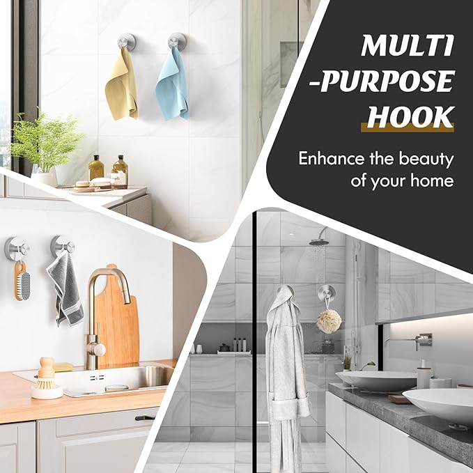 MOTAIPEAK Suction Cup Hooks for Shower,Removable Shower Towel Suction Hooks for Bathroom Wall,Kitchen,Glass,Mirror,Tile to Hang Robes,Loofah-Silver(4-Pack)