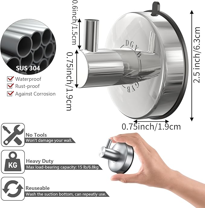 DGYB Suction Cup Hooks - 15LB Shower Hooks for Inside Shower, Stainless Steel No Drill Wall Hook Set of 2 Chrome Towel Hook for Bathrooms, Loofah, Robe