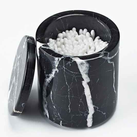 Black Marble Canister with Lid, Natural Marble Bathroom Qtip Holder Storage, 3.75 Inch Dia x 4.5 Inch Ht High Capacity Damp Proof Container for Cotton Swabs, Jewery, Bathroom Bath Salt