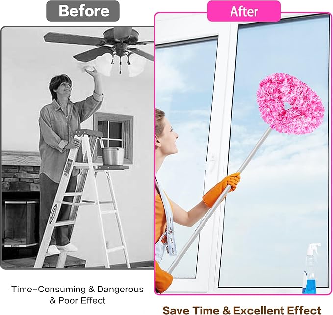 Heonay Ceiling Fan Cleaner Duster Reusable Microfiber Ceiling Fan Blade Cleaner Removable Duster with Extension Pole Adjusts 13 to 49.7 Inch for Cleaning Walls Furniture Door Window Top (Rosy White)