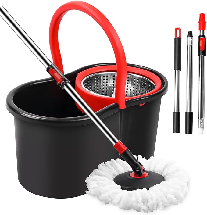 Spin Mop and Bucket, Mop and Bucket with Wringer Set for Home, 360 Spinning Mop Bucket Floor Cleaning Tool with 1 Microfiber Mop Replacement Head,50" Stainless Steel Handle (Black-Includes 1 mop)
