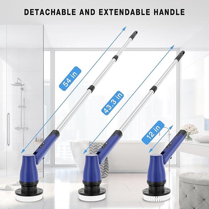 Electric Spin Scrubber Cordless Bathroom Scrubber with Adjustable Long Handle, 2 Speeds Power Cleaning Brush with 7 Replaceable Brush Heads for Bathtub, Tile, Floor (Blue)