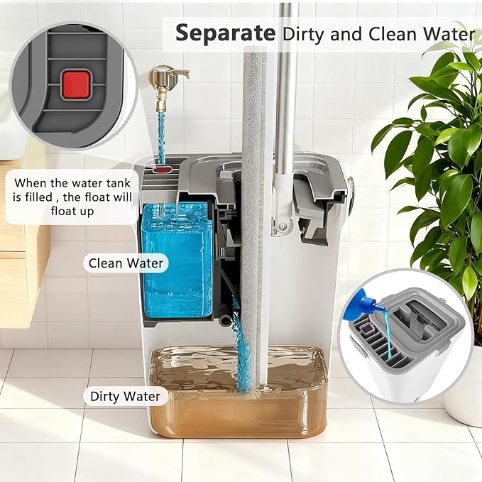 Meetue Mop and Bucket Set, Flat Mop and Bucket System with Wringer, Automatic Separates Dirty and Clean Water Include 6 Reusable Microfiber Mops for Floor Cleaning