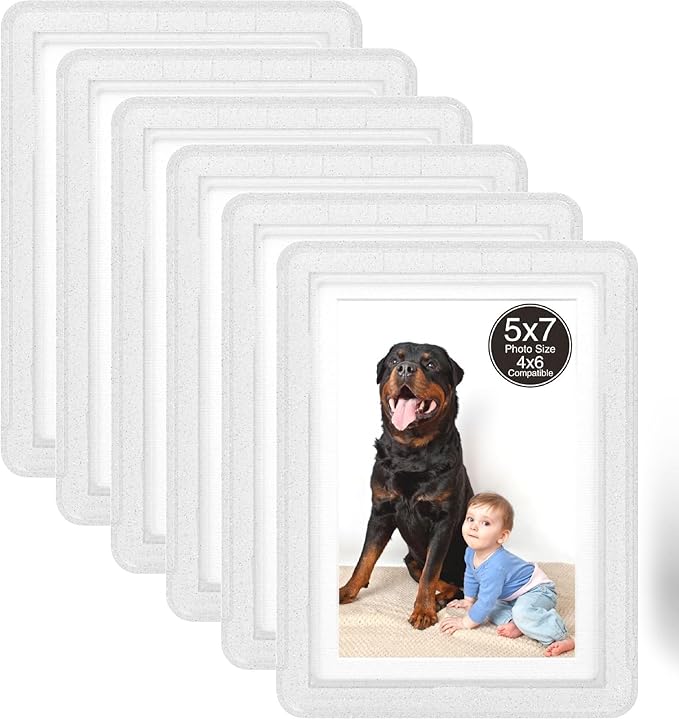6-Pack 5x7 Picture Frame or 4x6 with Mat – Shatterproof Plastic Picture Frames for Family, Nursery & Playroom, Wall & Tabletop Frame for Home or Office, Safe Lightweight Design, Crystal Silver