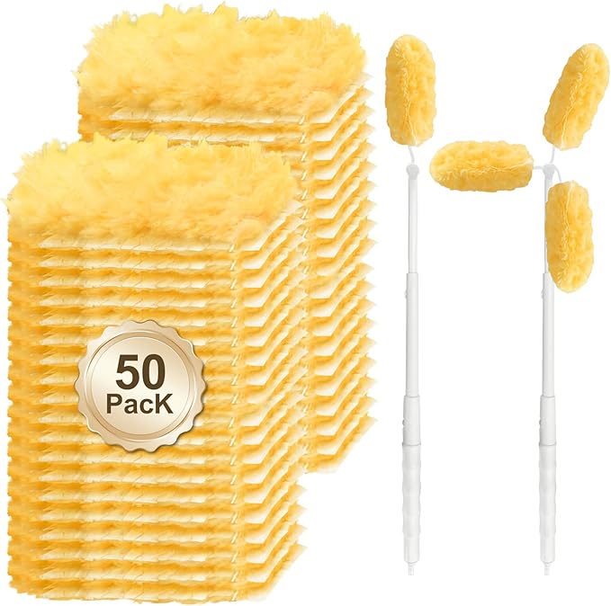 50 Pack Duster Refill Compatible with 1 Extendable Handle, 360 Heavy Duty Duster Kit with 1 Handle, Multi-Surface Disposable Dusters Refills for Cleaning Corner, Furniture, Car, Blinds