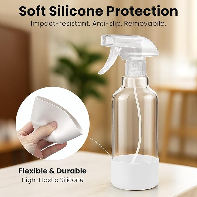Glass Spray Bottles with Silicone Sleeve 16.9oz 2 Pack Empty Spray Bottle for Hair Mist/Stream Spraying for Cleaning Solutions, Plants, Essential Oils (clear-white&yellow)