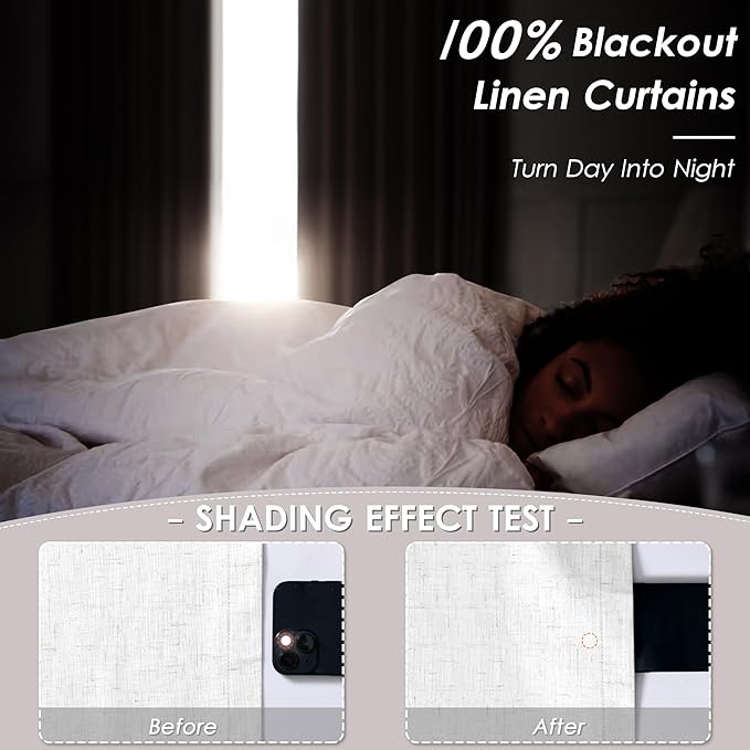 100% Blackout Linen Curtains 90 inch Length 2 Panels for Living Room Loop Pocket Pinch Pleated Black Out Drapes Cream Colored Heat Reducing Total Blackout Window Curtains for Bedroom 90 inches Long