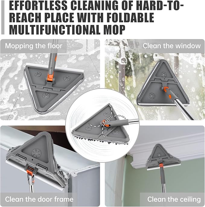 CALBEAU Baseboard Cleaner Tool with Handle, Folding Wall Mop with 86" Extension Pole, Swivel Wall Cleaner Mop with Squeegee, 8 Reusable Pads for Baseboard, Wall, Ceiling, Window, Floor, Furniture