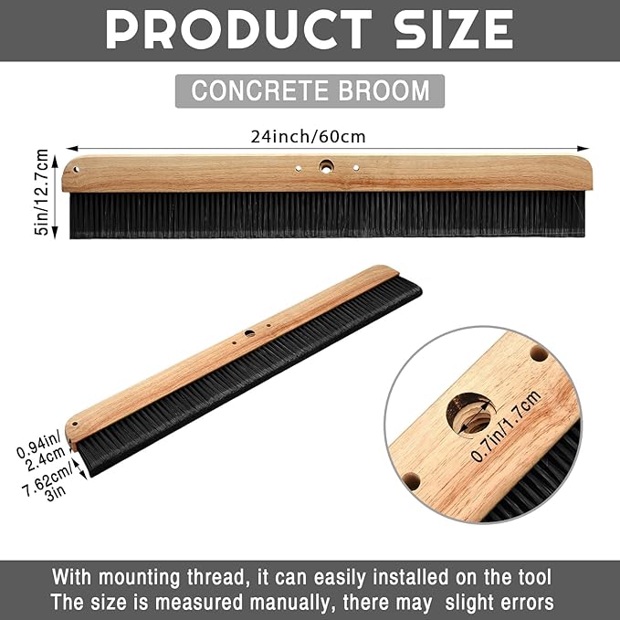 Yiyiring 1 Pack 24 Inch Concrete Broom Finishing Tools Wood Backed, Polypropylene Bristles Brush Push Brooms Without Handle for Concrete Finishes Hard Floors