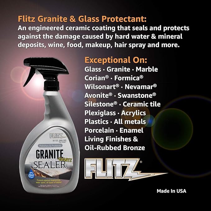 Flitz Granite Sealer (+ Quartz) - 32oz Bottle of USA-Made Quartz Sealer for Countertops, Glass, & More - Food Safe Marble Sealant that Shields Against Hard Water Stains, Mineral Deposits, Oil (1 Pack)