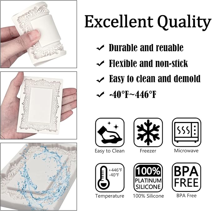 Baroque Photo Frame Fondant Molds, 2 Pcs Cake Decorating Silicone Molds for Candy Chocolate, Sugar Craft Paste, Cupcakes, Wedding Sets, Christmas Thanksgiving Cake Decorating, Clay, Epoxy Projects