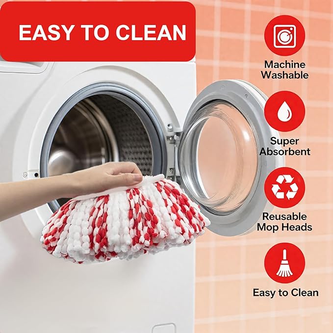 Spin Mop Replacements for O-Cedar EasyWring 1-Tank System: 4 Large Microfiber Mop Head Refills , Dual-Action Scrubber Brush, Adjustable Stainless Steel Handle, Durable Triangular Base