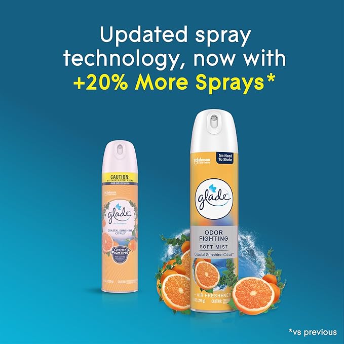 Glade Air Freshener Room Spray, Coastal Sunshine Citrus Scent, Odor Fighting to Deliver Long Lasting Freshness, 8 Oz, 6 Count