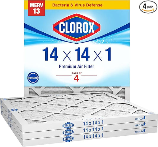 Clorox Air Filters 14x14x1 Furnace Filter, MERV 13 Pleated HVAC AC Furnace Air Filters, MPR 1500 & FPR 10 – Pack of 4
