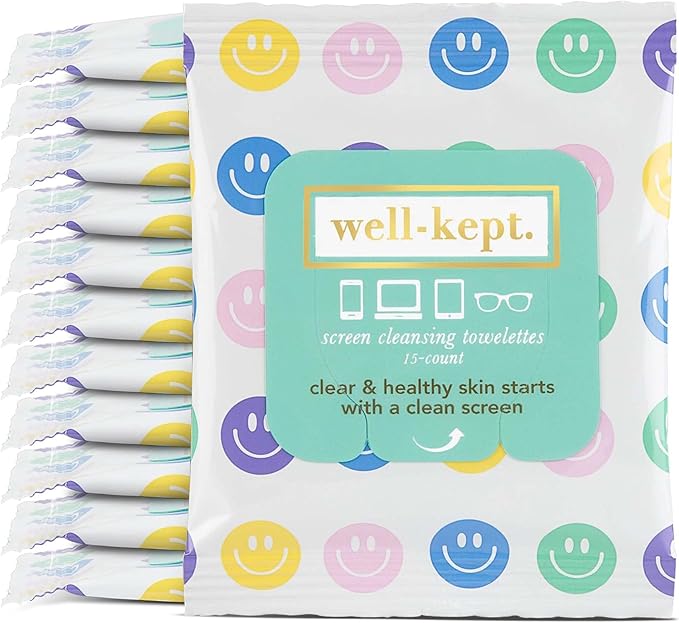 Well-Kept Tech & Lens Wipes - Eyeglass, Screen & Phone Cleaning, Multi-Surface, Lint-Free, Pre Moistened, Streak-Free & Non Scratching - All Smiles, 12 Pack (180 Count)