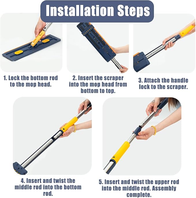 Large Flat Mop with Folding Bucket – Self-Wringing Floor Mop Set with 54" Stainless Steel Handle, 6 Reusable Microfiber Pads, 360° Swivel Head for Home Cleaning on Tile, Wood, Laminate (B-White)