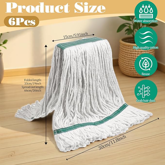 BOHUIZ 20oz Commercial Mop Head Replacement, 6 Pack Heavy Duty Industrial Cotton Loop-End String Wet Mop Head Refills for Home Garage Office Kitchen Industrial Floor Cleaning (White, Green)