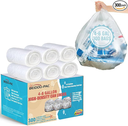 BEIDOU-PAC 4-6 Gallon Trash Bags, 300 Count Bulk, Clear Plastic Recycling Bags, Multi-purpose Garbage Bags for Business Home Bathroom Kitchen Commercial and Industrial
