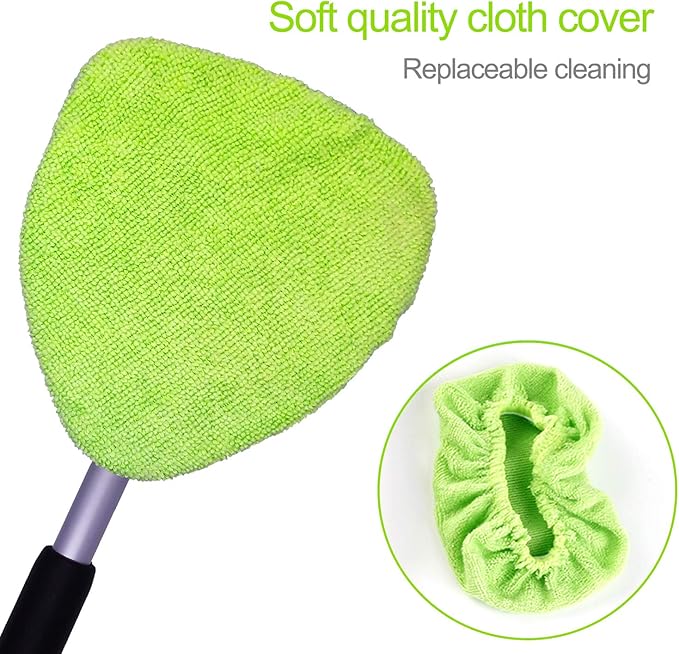 XINDELL Windshield Cleaning Combo – 29" Large-Head Window Cleaner Tool with Extendable Handle & 4 Microfiber Pads + 5-Pack Replacement Triangular Covers for Interior/Exterior Auto Glass, Streak-Free C