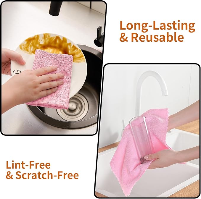 Tigona 80 Pack Microfiber Cleaning Cloth Roll,Lint Free Rags & Tear Away Reusable Towels Washable Scratch,Ultra Absorbent Dish Rags(12" x 12") for Car Kitchen Home Garage-Pink