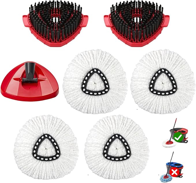 7-Pack Mop Heads Replacements for O Cedar EasyWring 1 Tank System, Includes 4 Microfiber Spin Mops, 2 Scrub Brushes, and 1 Base, Reusable Set Mop Replace Head for Cleaning Home, Bathroom, Kitchen