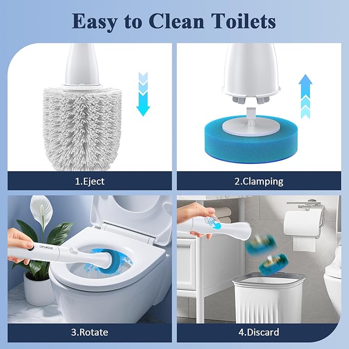 Electric Toilet Brush and Holder Set, Redagod Multi-function Toilet Bowl Cleaners with Solid Handle and Durable Bristles Easy Deep Cleaning for Bathroom,Rechargeable,5 Refills Disposable Cleaner Brush