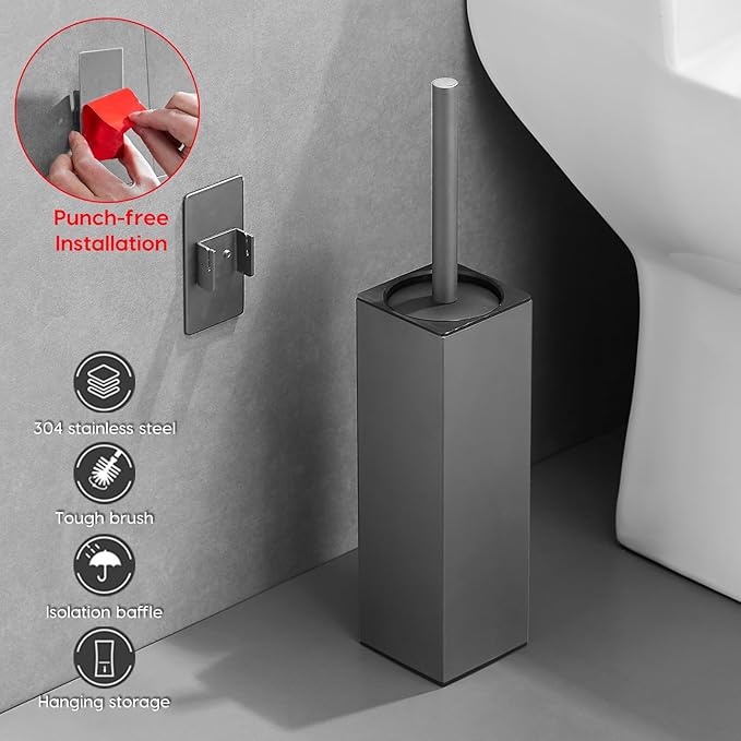 Brushed Gold Stainless Steel Toilet Brush, Square No-Punch Hook Base Toilet Brush Holder Removable Inner Bucket and Splash Proof Cover - Soft Bristles (Non-Drill Square Plastic caps Gray)