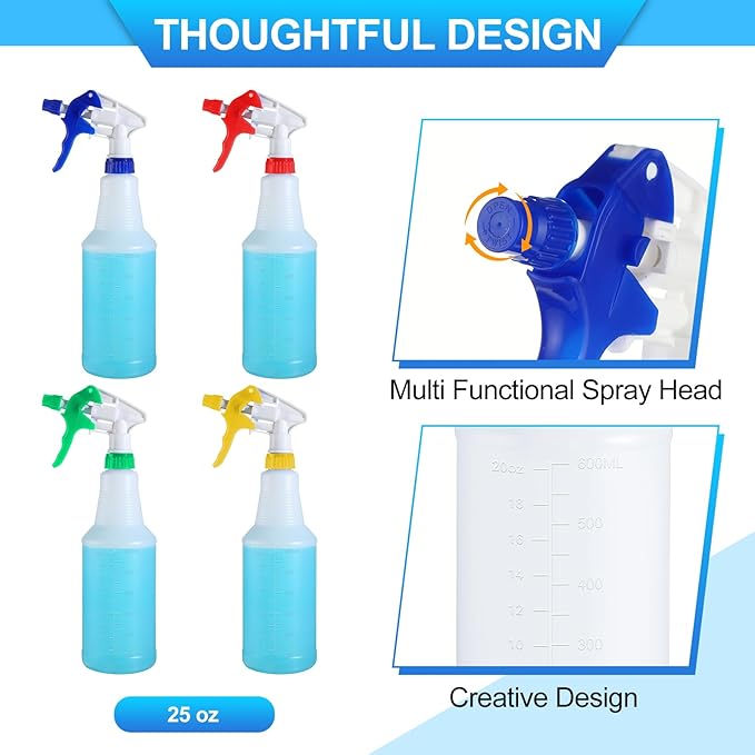 Eaasty 12 Pack Plastic Spray Bottles for Cleaning Solution 25 oz Leak Proof Mist Spraying Safe Squirt Bottle Refillable with Adjustable Head for Plants, Pet, Vinegar, BBQ(Red, Blue, Yellow, Green)