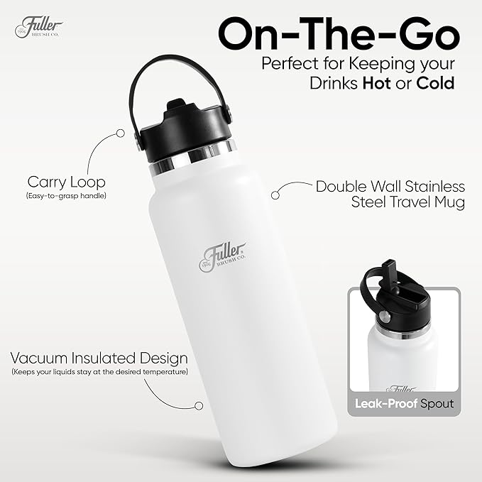 Fuller Stainless Steel Water Bottle with Straw Lid – BPA-Free, Sweat-Proof, Leak-Proof Travel Mug – Double Wall Insulated for Hot & Cold Drinks – Carry Handle (White, 40 Oz.)