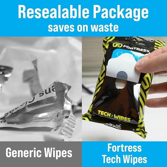 Fortress Electronic Wipes With Microfiber Cloth (25 ct, Pack of 12) To-Go Tech Wipes for Screens, Phones, Keyboards, TV Monitors, Computer Screens, and More [Travel Size] Skin-Safe