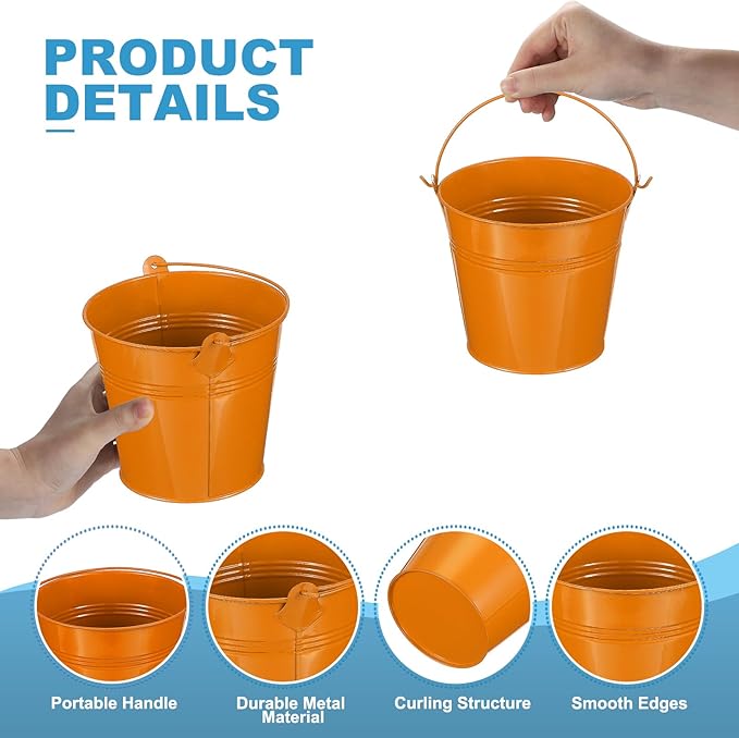 PATIKIL 5"x4.7" Small Metal Buckets with Handle, 12 Pcs Mini Bucket Easter Buckets, Orange