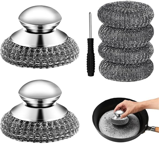 7Pcs Steel Wool Scrubber with Handle - Stainless Steel Scrub Brush Set for Scouring Stubborn Messes from Cast Iron, Pots, Pans, Grill, Stoves, Sink (2 Scrubber + 4 Pads + 1 Screwdriver)