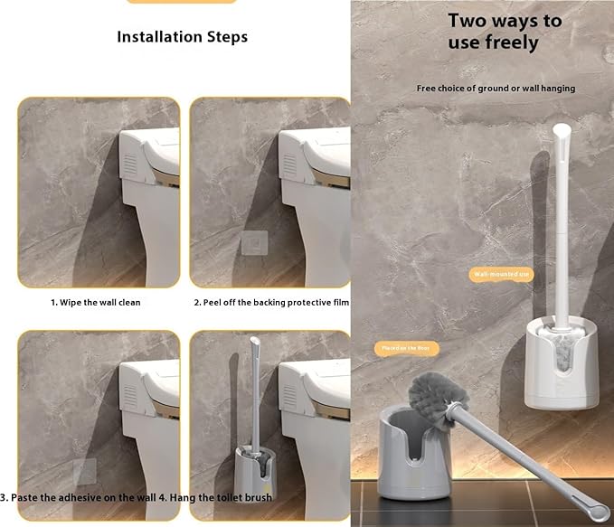 Wall-Mounted Toilet Brush Holder Set - No-Drill Adhesive & Drip-Free Tray, Space-Saving Bathroom Organizer, Deep Clean Brush with Under-Sink Storage (White)