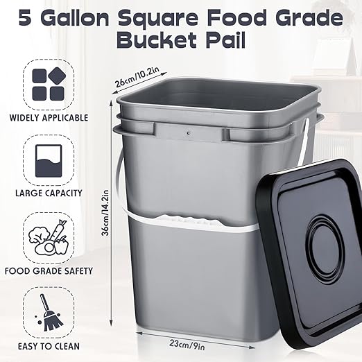 Vesici 6 Pcs 5 Gallon Food Grade Square Buckets with Lids 5 Gal Plastic Food Storage Square Bucket Heavy Duty Industrial Pail Container with DIY Label Stickers Handles for Water Painting(Gray)