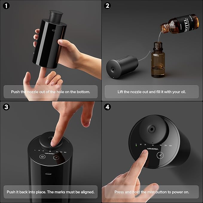 Airversa Waterless Essential Oil Diffuser Starter Kit with 4 x 10mL Fragrance Scent Oil, Battery Operated Mini Scent Air Machine Portable Diffuser for Home Car Office, AN6 Black Kit01
