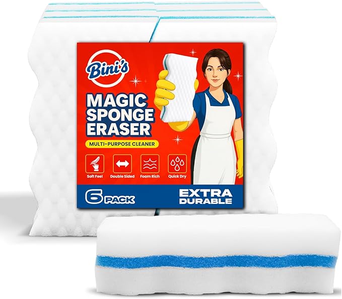 BINI'S Magic Sponge Eraser, Extra Durable, Multi Purpose Cleaner, Shoe, Bathroom, Shower, and Car Window and Windshield Cleaner, Cleaning Pads, 6 Count