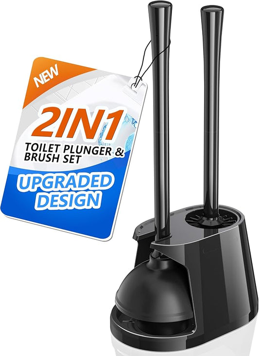 Toilet Plunger and Brush Set, Bowl Brush and Heavy Duty Toilet Plunger with Ventilated Holder, 2-in-1 Toilet Brush and Plunger Combo for 5.3-inch Toilet Drain Bathroom Deeply Cleaning