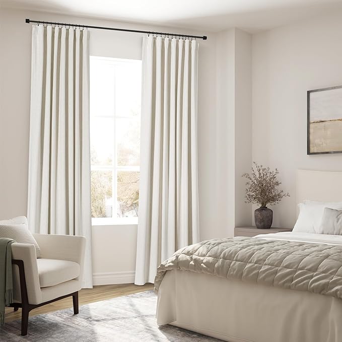 Full Black Out Beige White Window Curtains 84 Inches Long Back Tab Rod Pocket Thermal Insulated Flax Linen Sound Proof Full Blackout 2 Panels Set for Nursery Modern Farmhouse Curtains Drapes 52x84