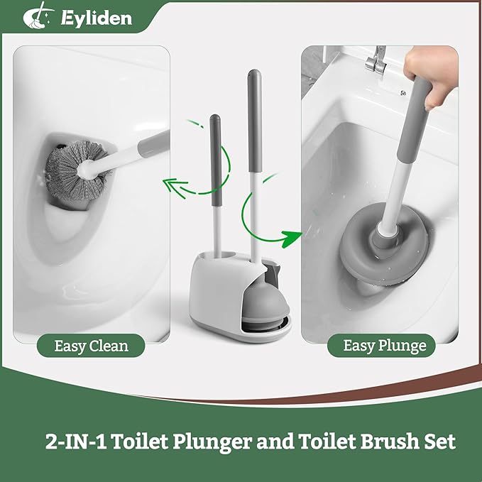 Eyliden 2 Pack Toilet Plunger & Brush Set, Upgrade 3-Step Suction Cup - Ultra-Tight Seal, Durable, Space-Saving Toilet Deep Cleaning Combo with Holder, Bathroom Essentials (2 Pack, White & Grey)