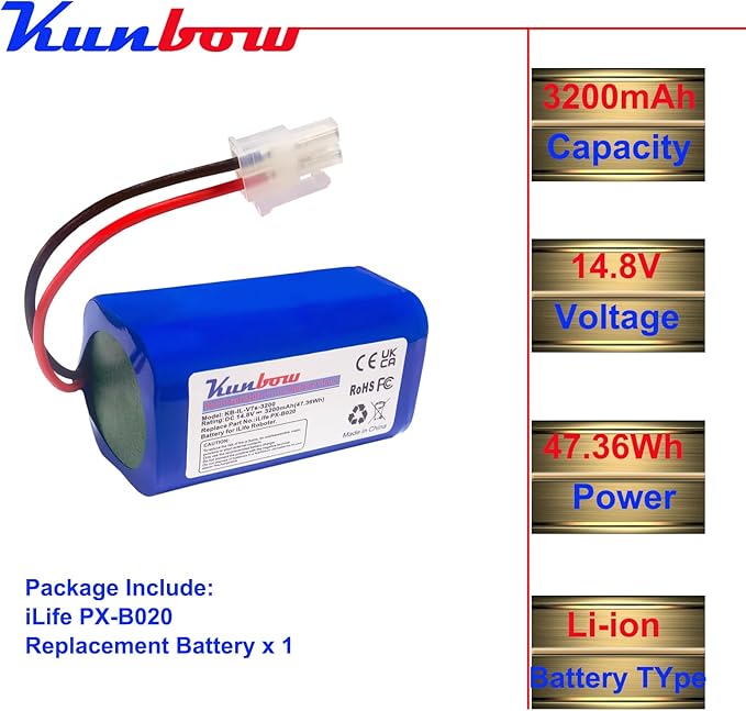 kunbow 3200mAh Replacement Battery for iLife A4, A4s, A6, V7, V7s Plus, V7s Pro, X620, Y8H4 Vacuum Cleaner.(14.8V/47.36Wh)
